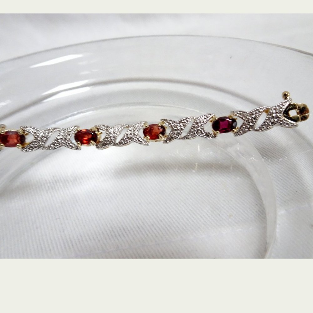 NWT January Birth Stone Garnet Diamond 24KT Gold .925 Silver Tennis Bracelet - Picture 6 of 13
